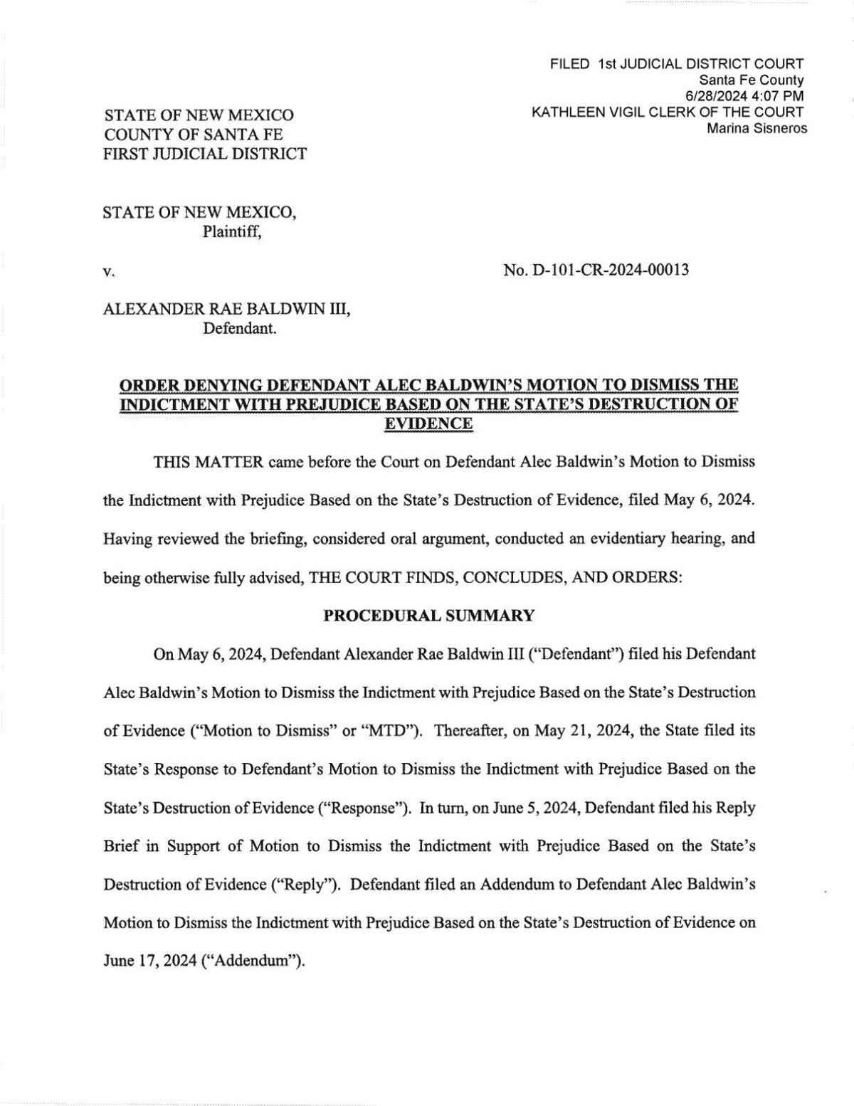 Order denying Baldwin's motion to dismiss