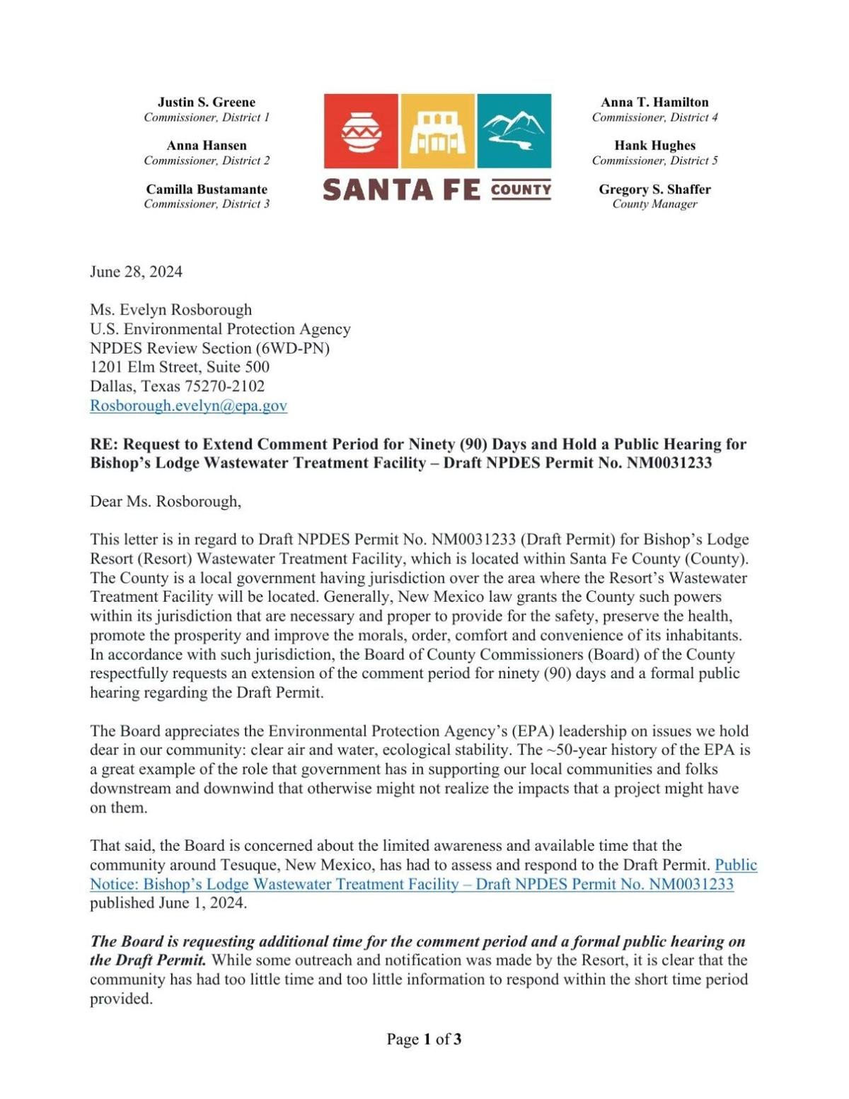 Santa Fe County letter to EPA